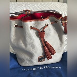 Dooney & Bourke Pebble Grey Drawstring Bag with Brown Trim